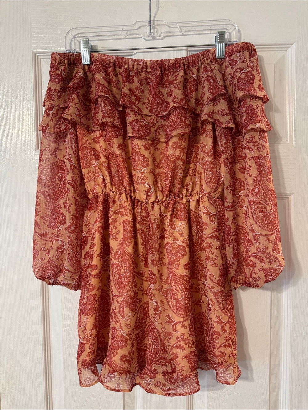 Off-the-Shoulder Paisley Ruffle Mini Romper - Rust & Peach